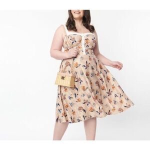 Unique Vintage Dress Size Medium Yellow Brown Gingham Floral Rockabilly Pinup